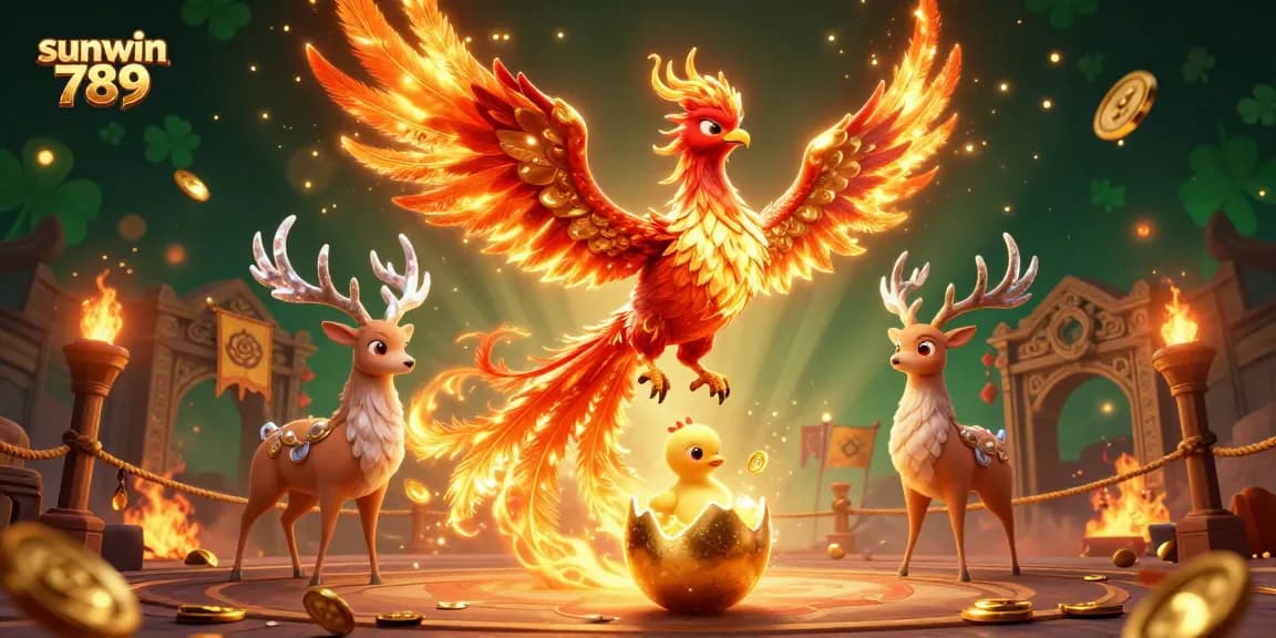 Experience the thrill of sunwin 789 as the phoenix soars in a vibrant casino environment filled with gold coins.