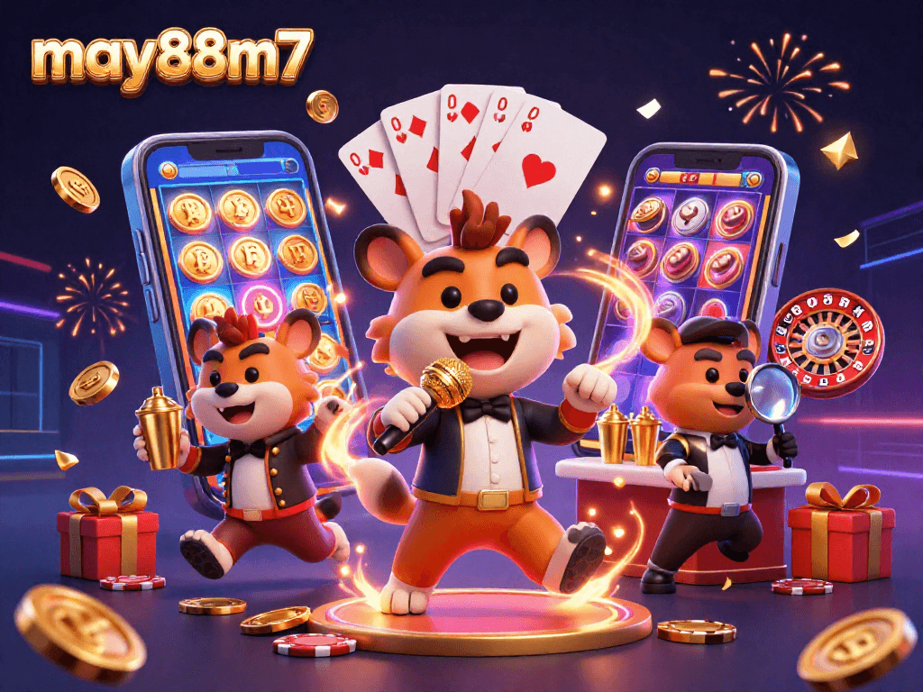 Experience the thrilling games at may88m7 with hyenas at a comedy casino club, featuring vibrant slots and drinks.