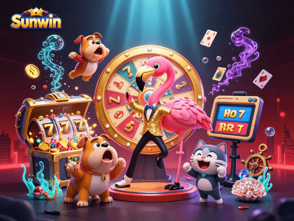Spin the golden prize wheel with Sunwin's vibrant characters in an exciting casino atmosphere.