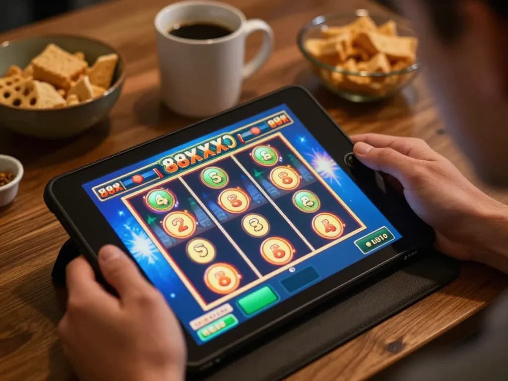 Player enjoying 88xx slot game on tablet, colorful reels animated in vibrant home setting.