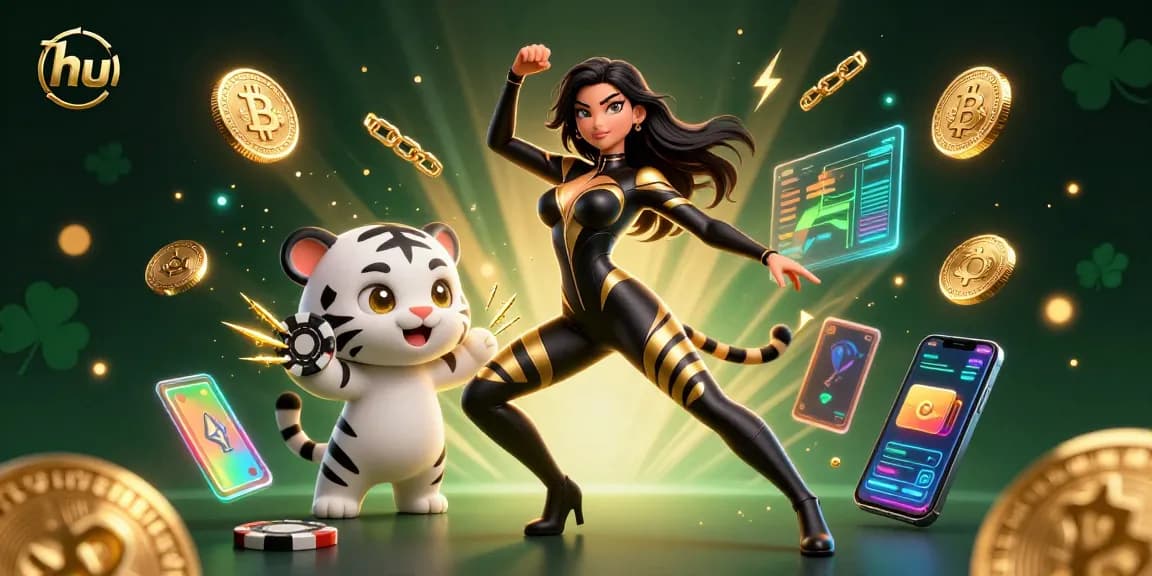 Play exciting casino games with hu, featuring a vibrant 3D scene of a woman, tiger, and crypto elements.