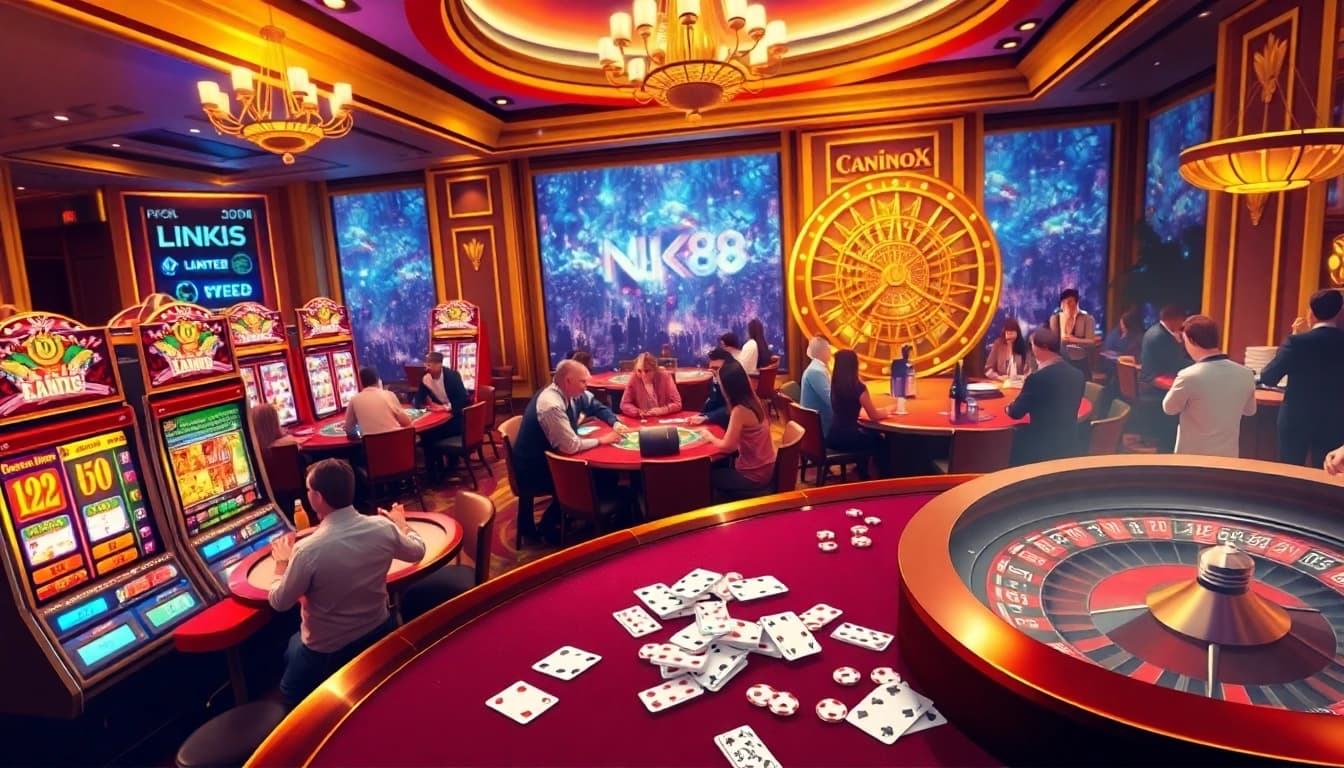 Exciting players at NK88 casino table enjoying poker and roulette action with vibrant lighting.