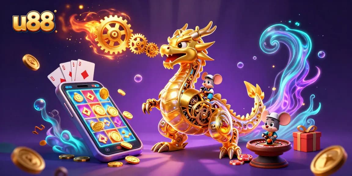 Engage in thrilling games at u88 with a dragon and mechanical wonders amid colorful casino elements.