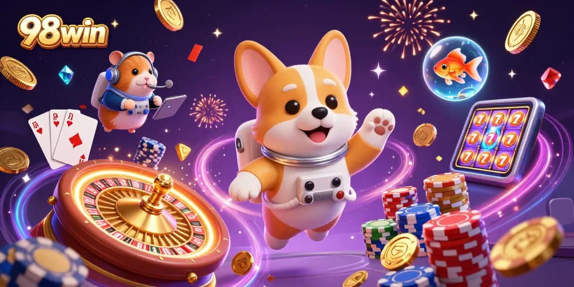 Experience the excitement of 98win as a corgi astronaut plays amidst drifting coins and casino games.