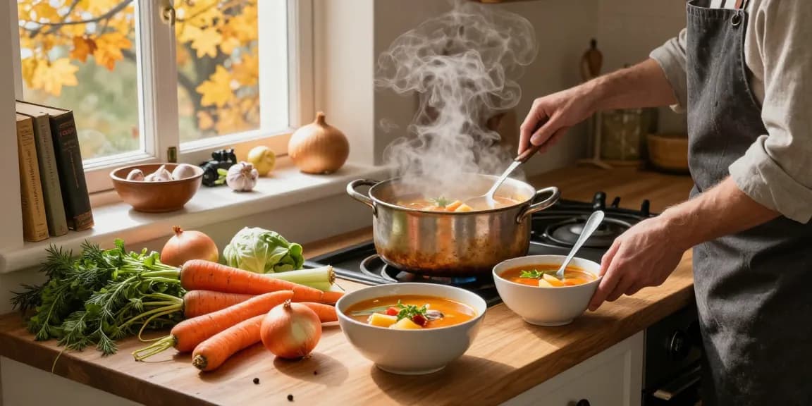 Suppe kaufen - Gemütliche Küchenszene mit Koch, der frische Suppen aus lebhaften Gemüse zubereitet, beleuchtet von natürlichem Licht, was Wärme und saisonale Aromen betont.