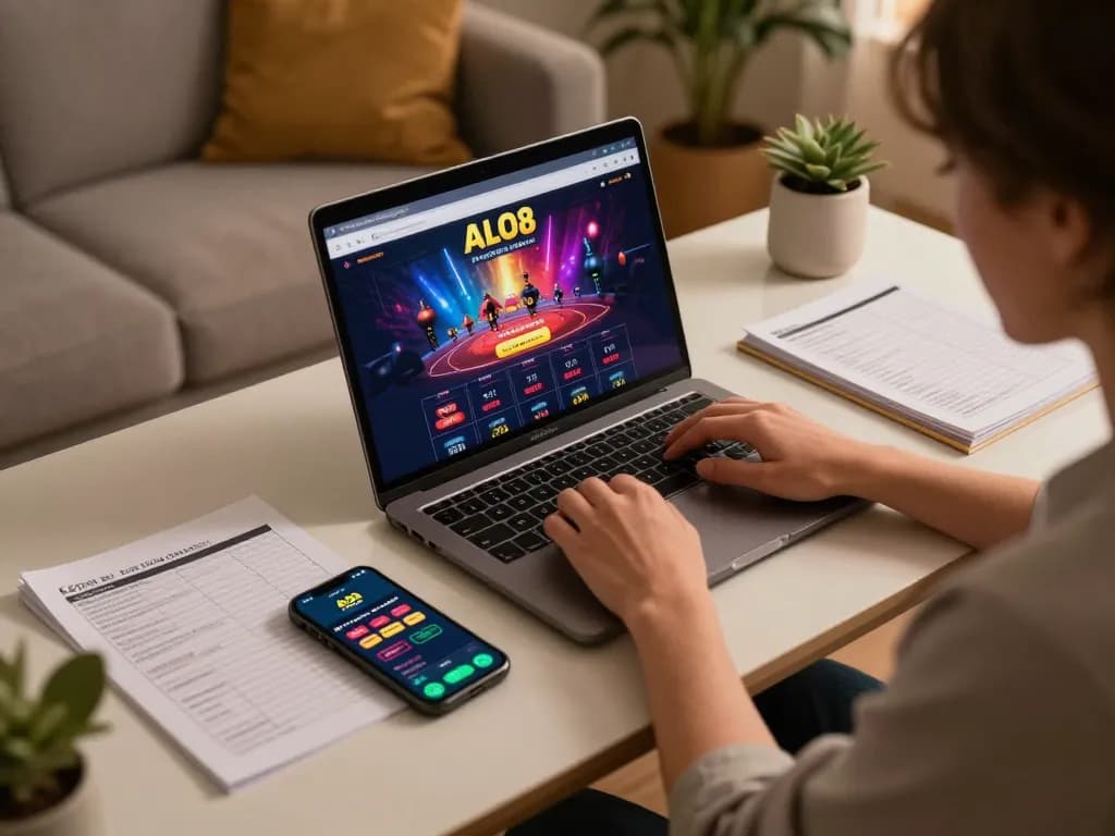 Player engaging with the ALO8net online casino interface on a laptop, creating an immersive gambling experience.