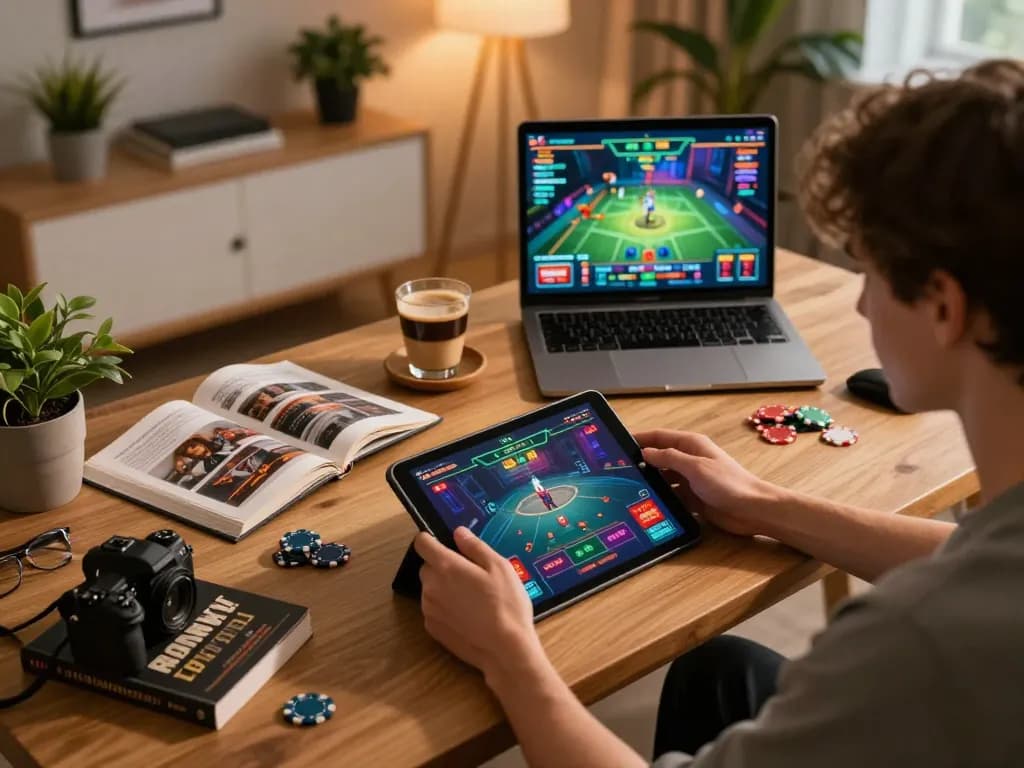 Fabet gaming experience showcasing a user enjoying online casino gameplay on a tablet in a cozy setting, promoting responsible gambling.