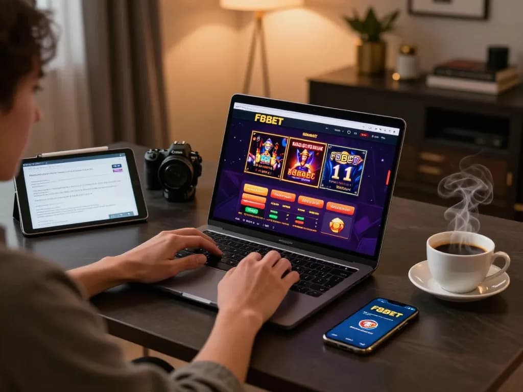 The F8BET online gaming setup showcases responsible casino entertainment with a user engaged in gameplay.