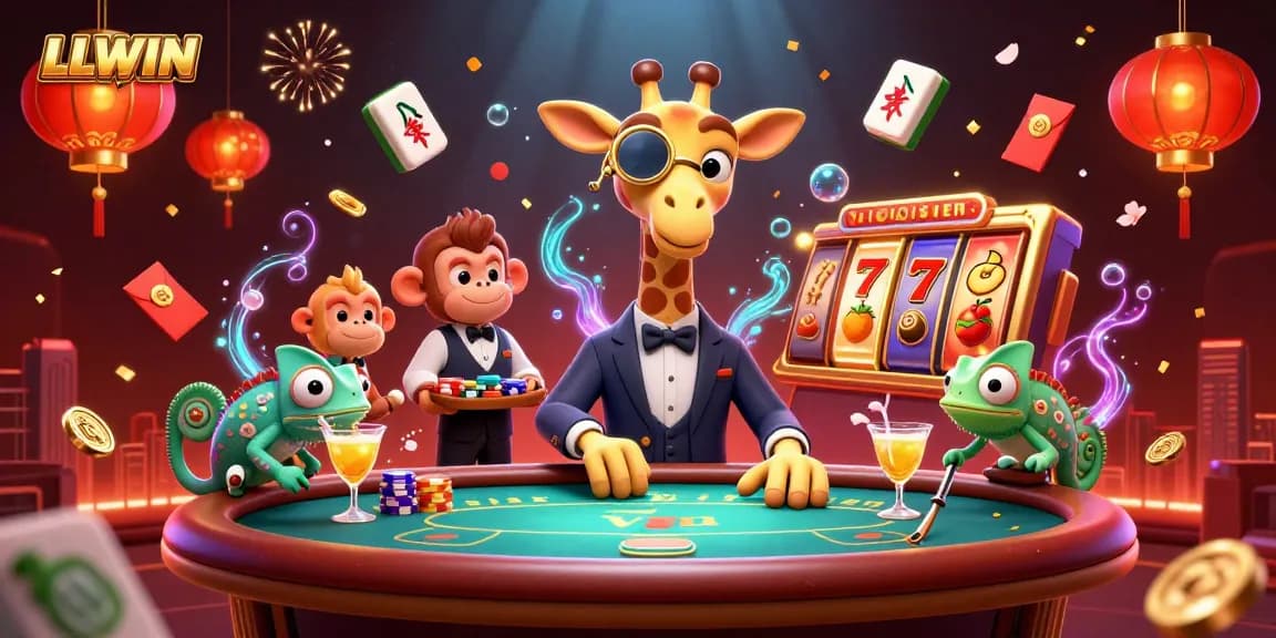 Witness the excitement of LLWIN with a high-roller giraffe at a VIP poker table amidst dynamic casino elements.
