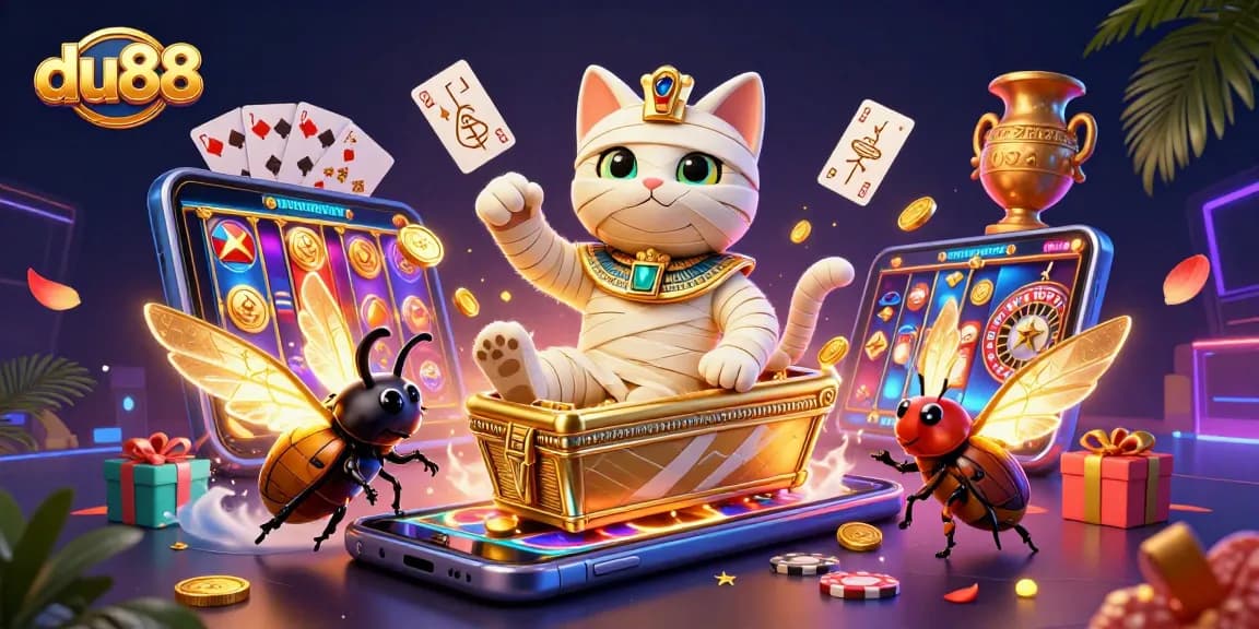 Engage with the du88 experience as the mummy cat and scarab celebrate in a vibrant pyramid casino.