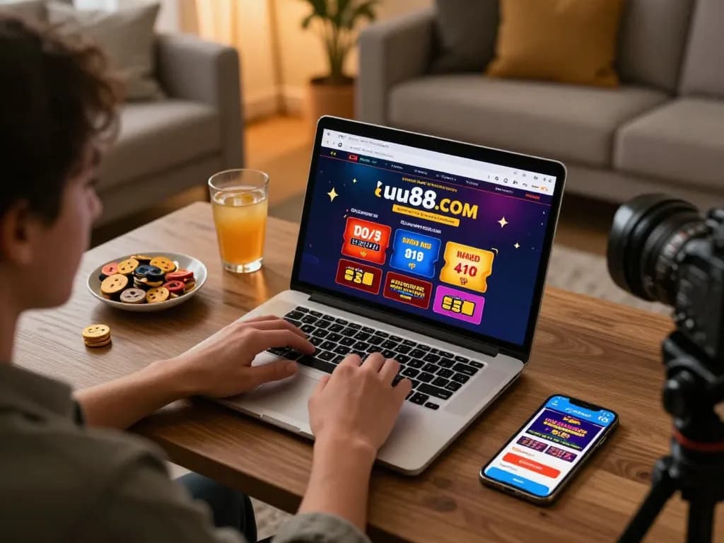 Engaging in online gaming at uu88.com with a cozy home setup, showcasing casino app excitement.