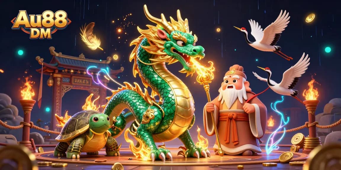 Engage with Au88 DM in a vibrant casino scene featuring a jade dragon and lucky cranes.
