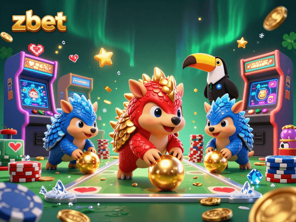 Engage in thrilling gaming with zbet's vibrant cartoon pangolins competing amid sparkling casino adventures.