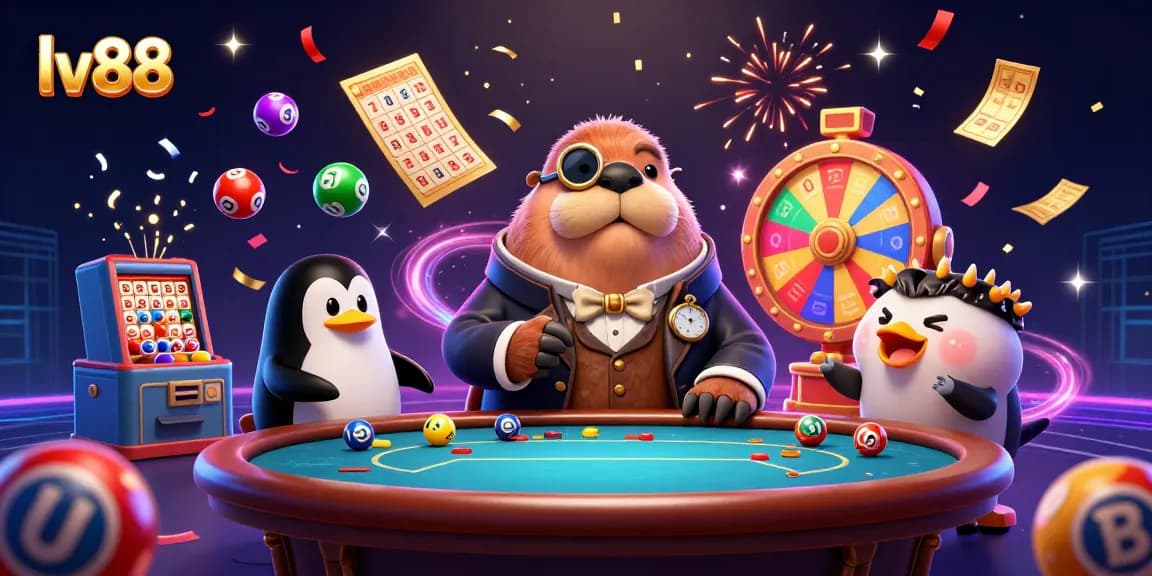 Join the lv88 excitement with a jolly walrus and vivid gambling elements at a dynamic casino scene.