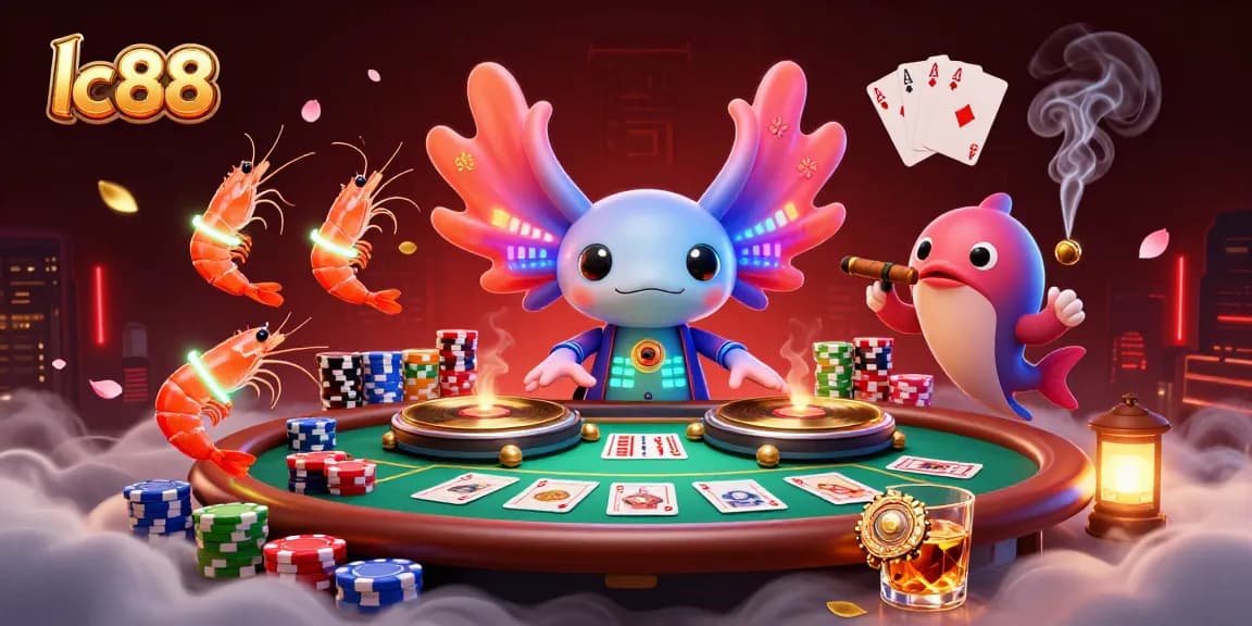 Experience the thrill of lc 88 with a vibrant axolotl DJ and festive poker scene filled with colorful chips.