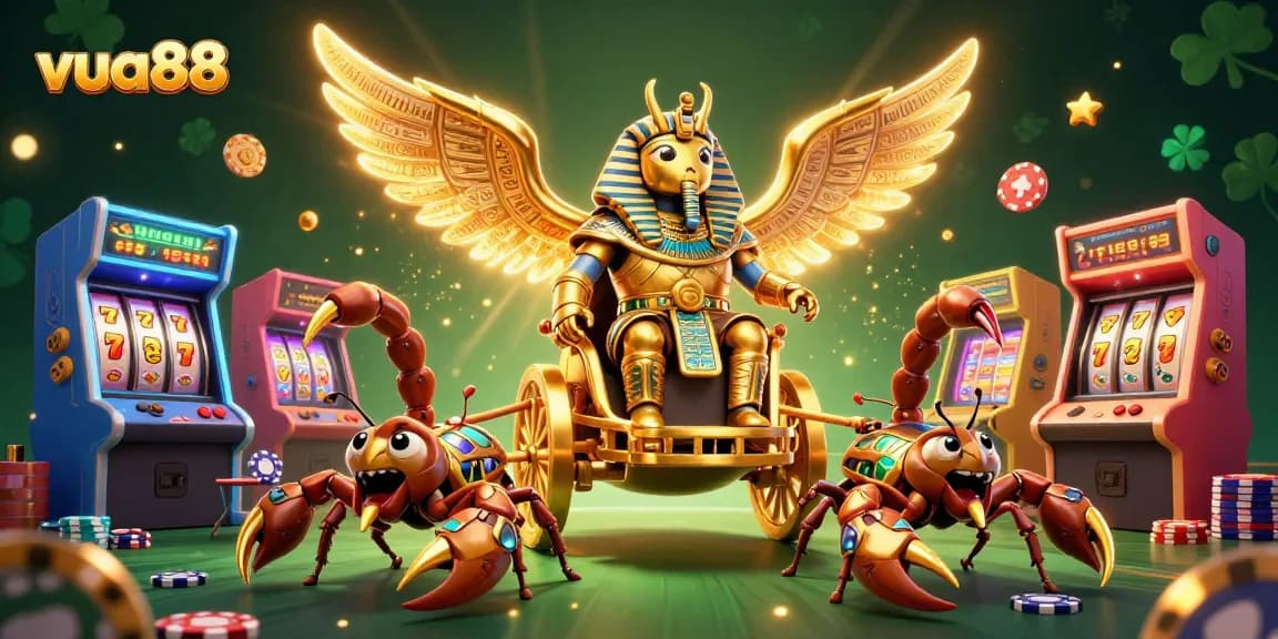 Engage with vua88 at a vibrant casino scene featuring a colossal scarab beetle and scorpion chariot.