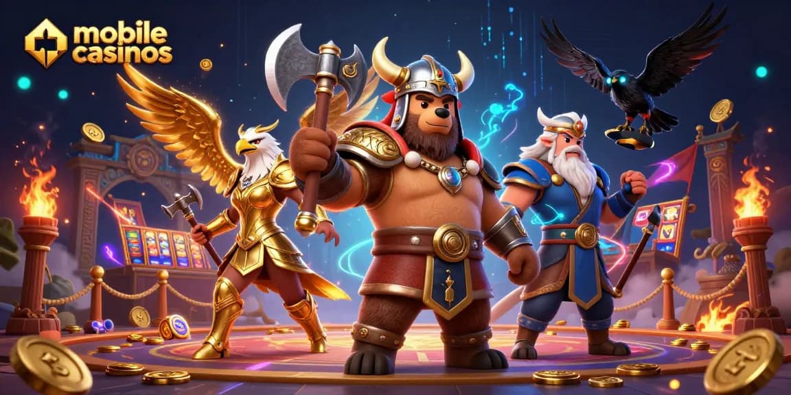 Experience thrilling gameplay in mobile casinos with a 3D Viking and Valkyrie amidst dynamic slots.