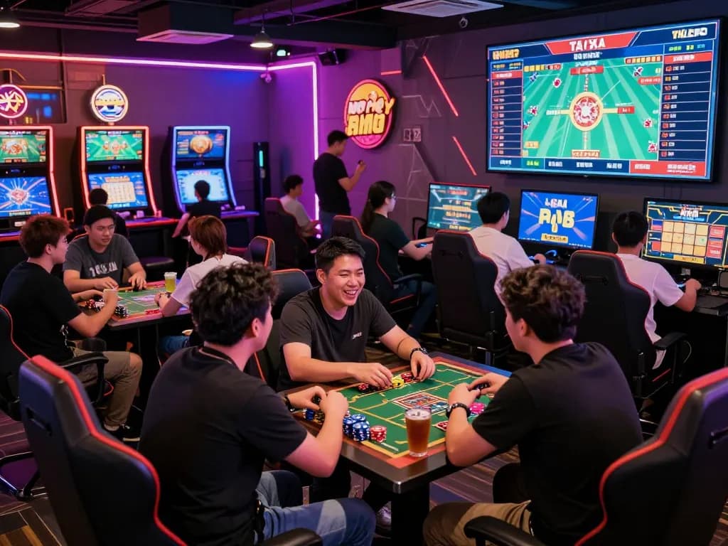 Players enjoying 789club tài xỉu in a vibrant urban gaming lounge filled with exciting atmosphere.