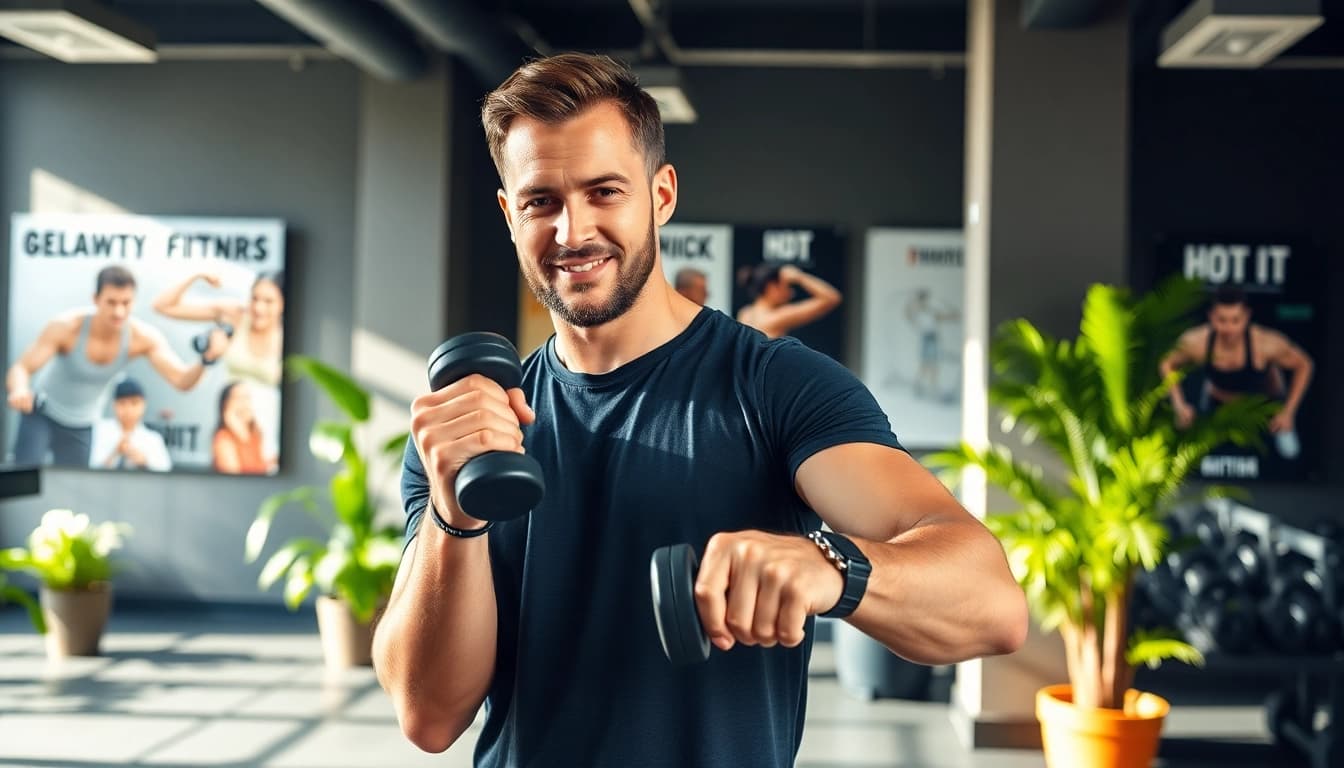 Tipps zur Männergesundheit: Professioneller Trainer zeigt effektive Übungen in einem modernen Fitnessstudio.