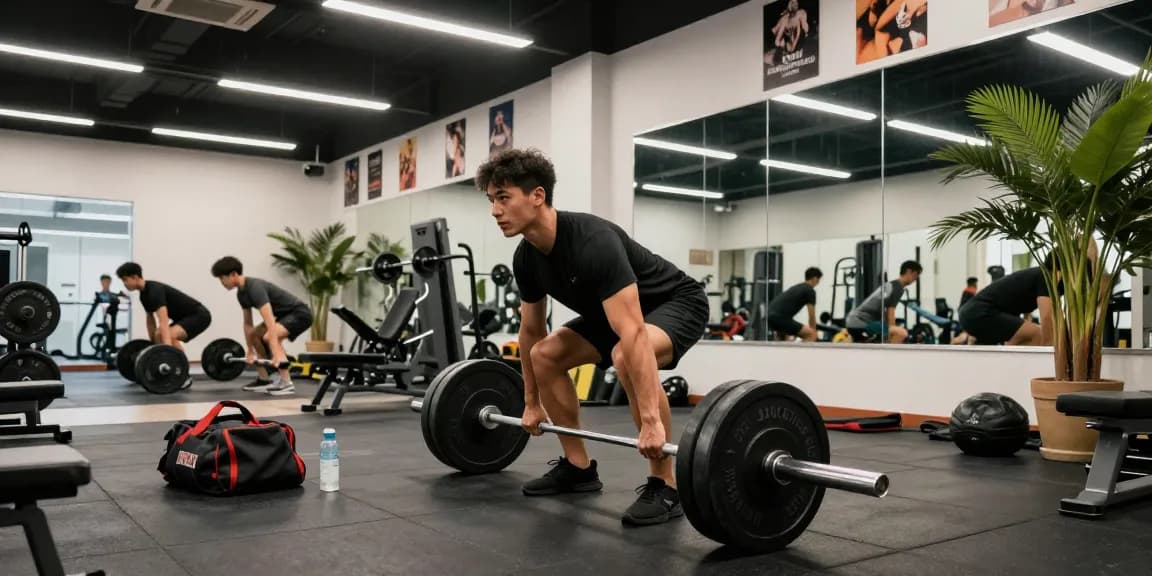 Steroidshop Trainingsszene mit einem Mann, der Gewichte im modernen Fitnessstudio hebt, und die Fitnessgeräte sowie die motivierende Atmosphäre präsentiert.