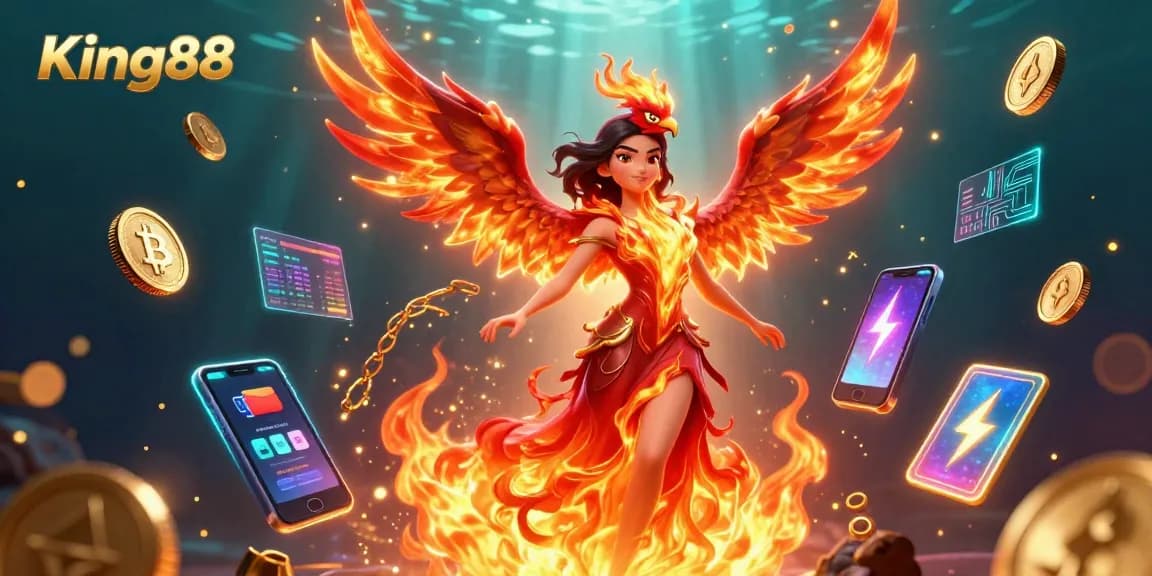 Engage in thrilling games at King88, featuring a stunning Asian woman in a fiery gown and crypto elements.