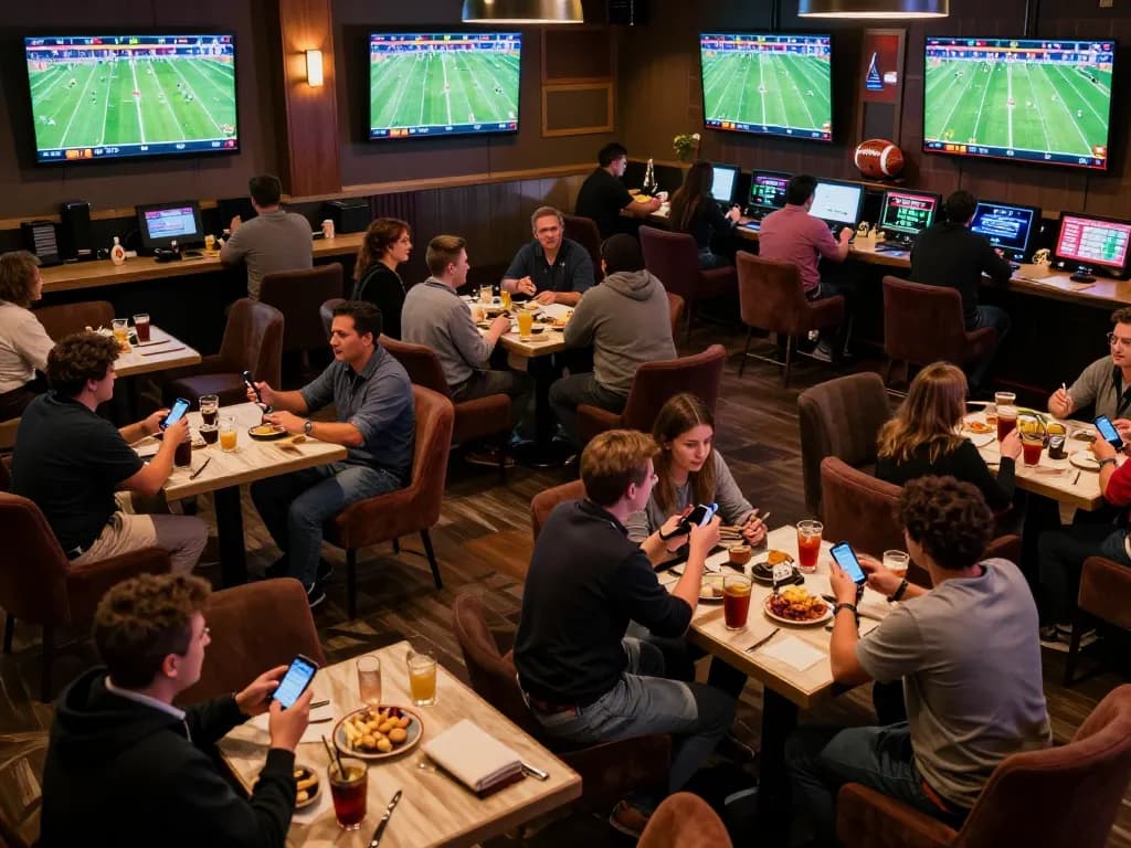 Tỷ số trực tuyến 7m displayed on multiple screens in a lively sports betting lounge with engaged bettors.