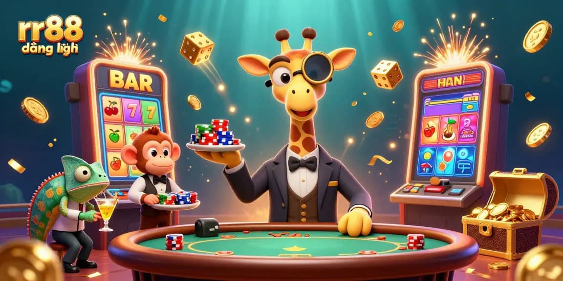 Experience rr88 đăng nhập at a vibrant casino scene with a high-roller giraffe, dynamic games, and golden prizes.