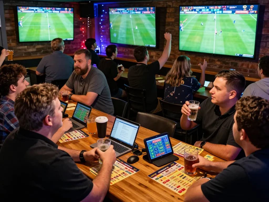 Betting on ฟุตบอล at a lively sports bar, patrons cheering as they track live matches and odds.
