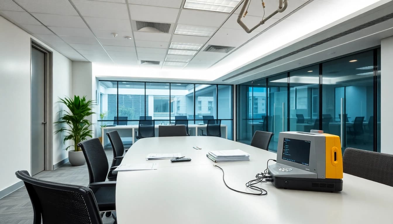 Techniker führt eine DGUV V3 Prüfung durch, um die Sicherheit elektrischer Geräte im Büro sicherzustellen.