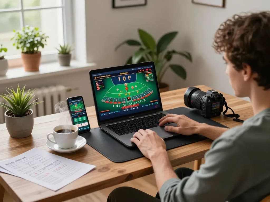 Engaging gaming setup at f168.news with a player focused on blackjack and sports betting.