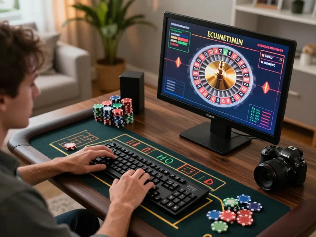sin88 player engaging with roulette online at home with vibrant chips and cozy ambiance