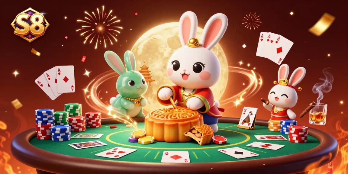 S8 casino characters reveal poker chips with festive elements in a vibrant 3D scene.