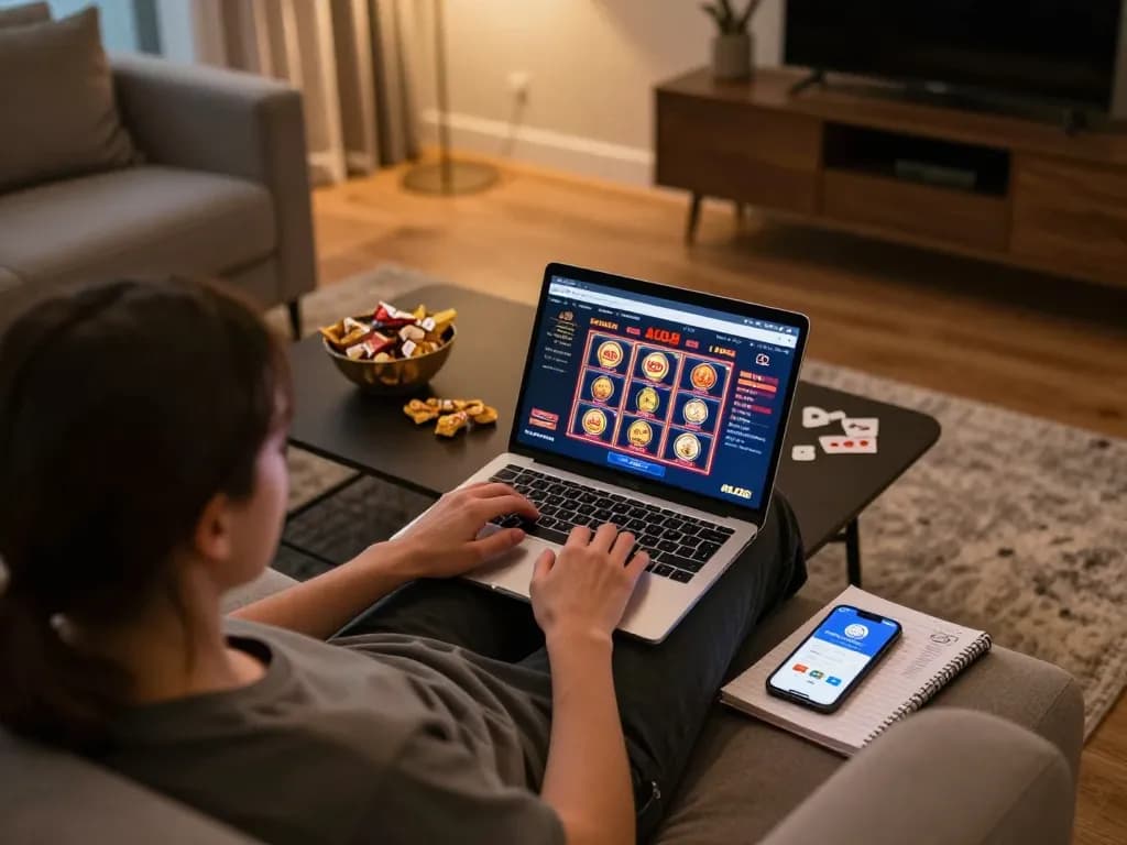 Engaged player exploring ALO8 com online casino with laptop in cozy home setting.