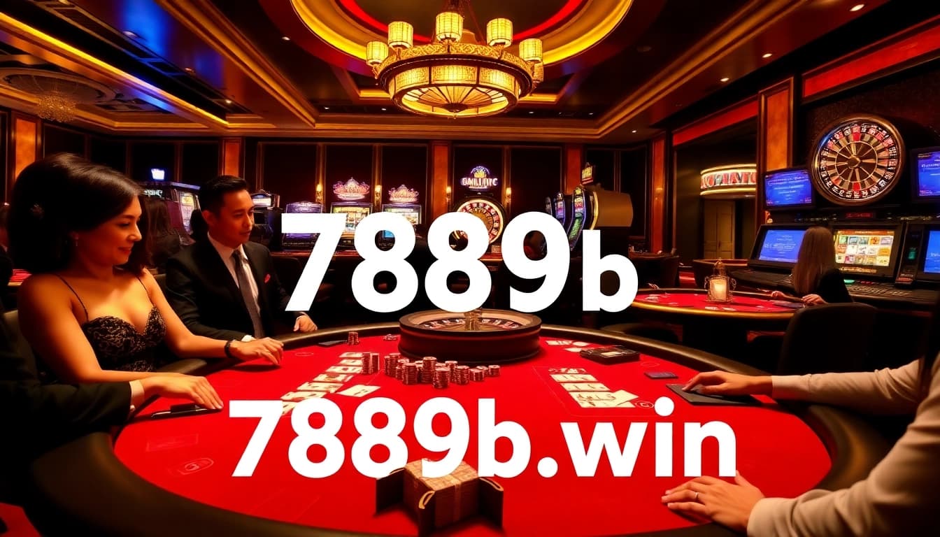 Experience the excitement of gambling with 789b.win, featuring luxurious poker tables and vibrant casino elements.