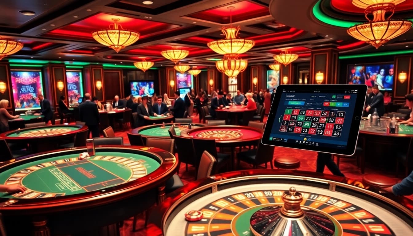 A vibrant casino scene illustrating exciting poker games, roulette wheels, and the tor browser official wiki depicted on a tablet.