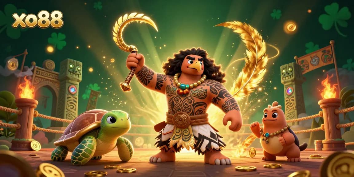 Experience exciting gameplay at xo88, featuring a dynamic hawk and turtle in a vibrant casino scene.