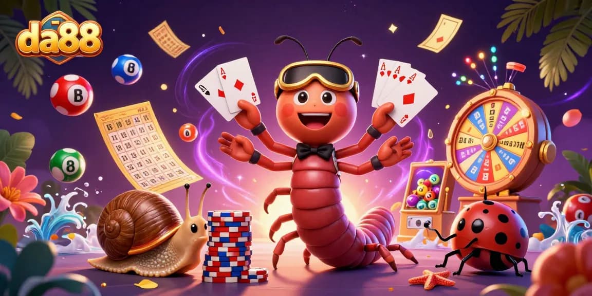 Experience the thrill of da88 with a lively illustration of casino games and playful characters.