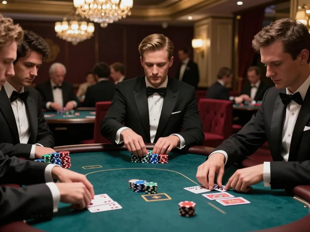 Players engage in a high-stakes poker game at a luxurious venue with link vua88 strategies in play