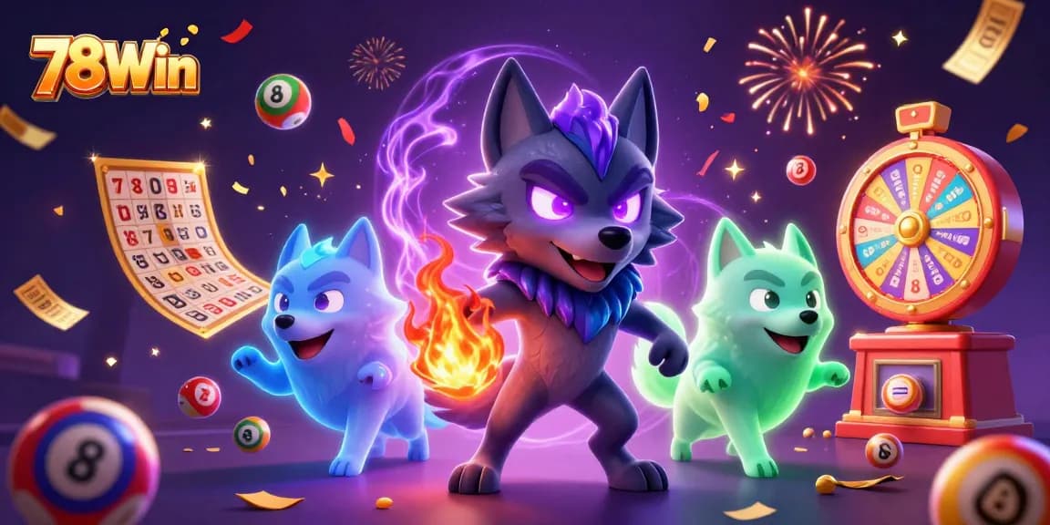 Engage with the thrilling atmosphere of 78Win, showcasing ghostly wolves and vibrant lottery elements.