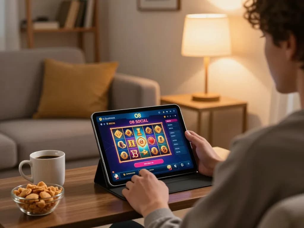 Person engaging with the O8 SOCIAL gaming app, showcasing online gambling strategies in a cozy setting.