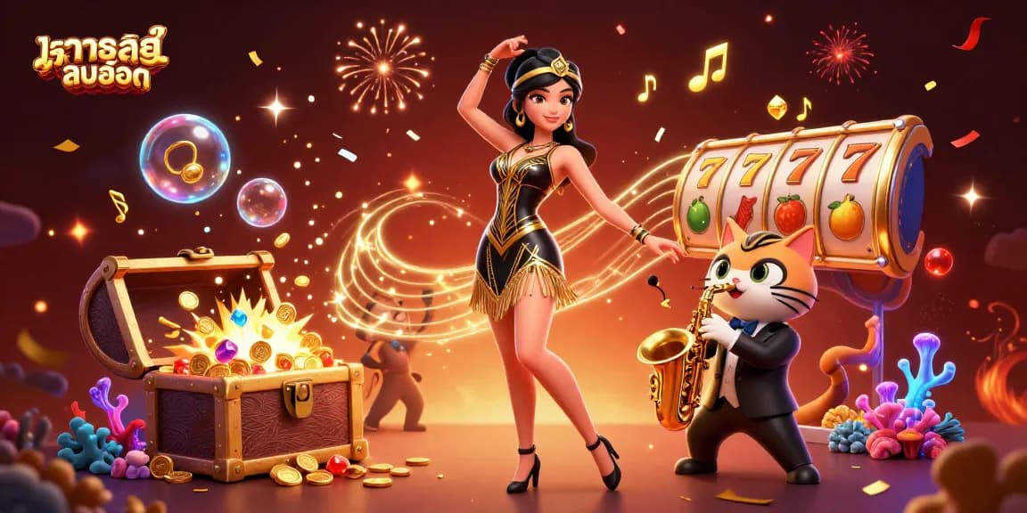 Experience exciting ทดลองเล่นสล็อต moments with stunning visuals featuring a 3D woman and a saxophone-playing cat.