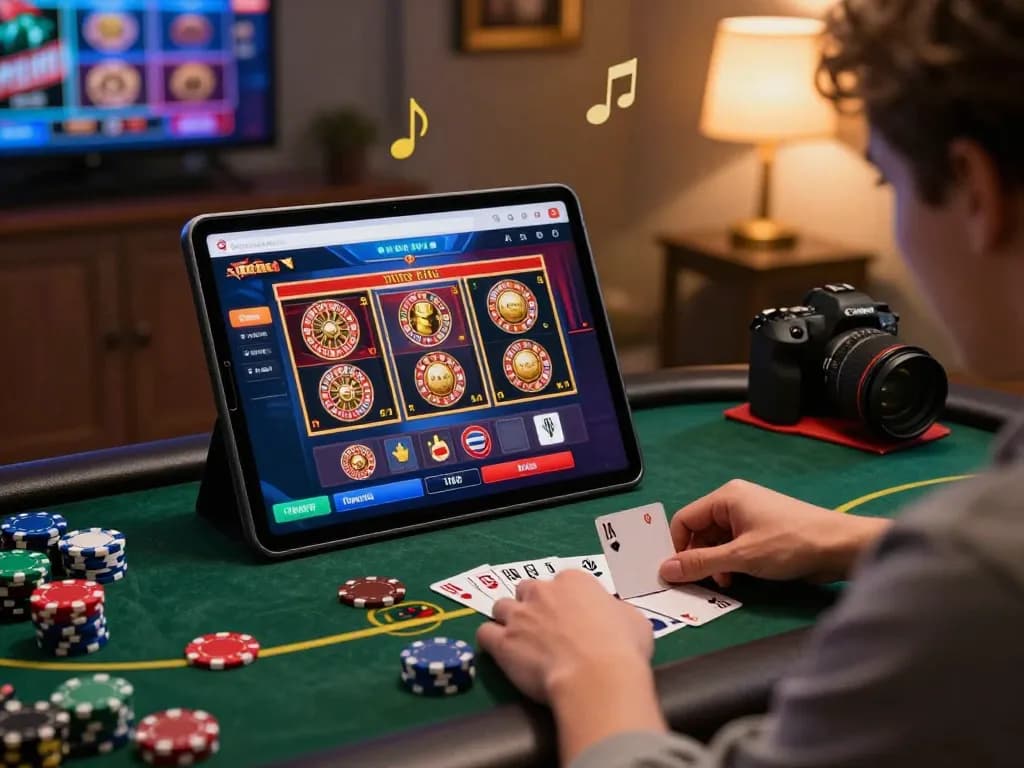 Engaged player using aud77 on a tablet in a cozy home setting.