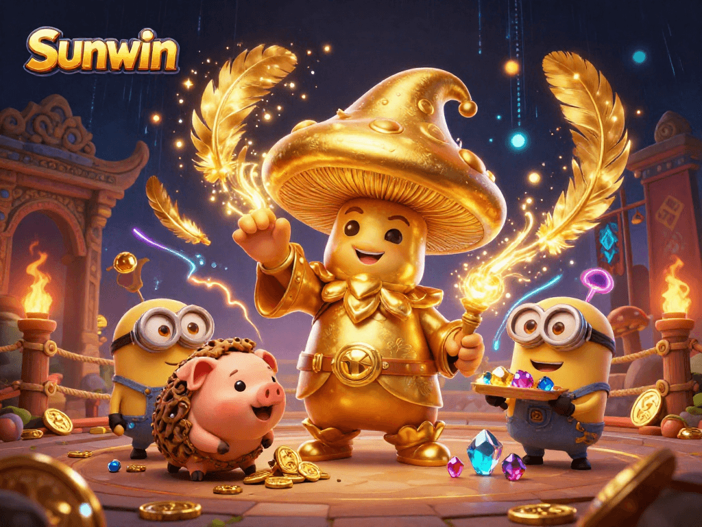 Unleash your luck with Sunwin as a golden wizard channels treasures in a vibrant casino scene.