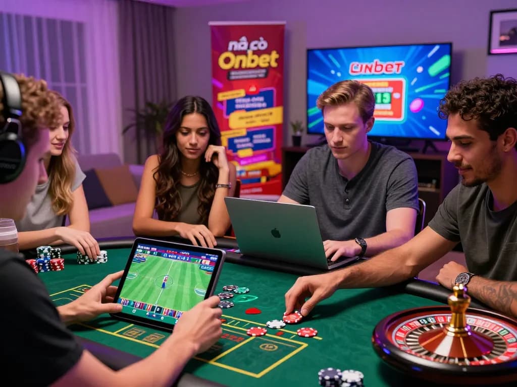 Engaging gaming scene featuring diverse players betting online at nhà cái Onbet with tablets and laptops, vibrant atmosphere.