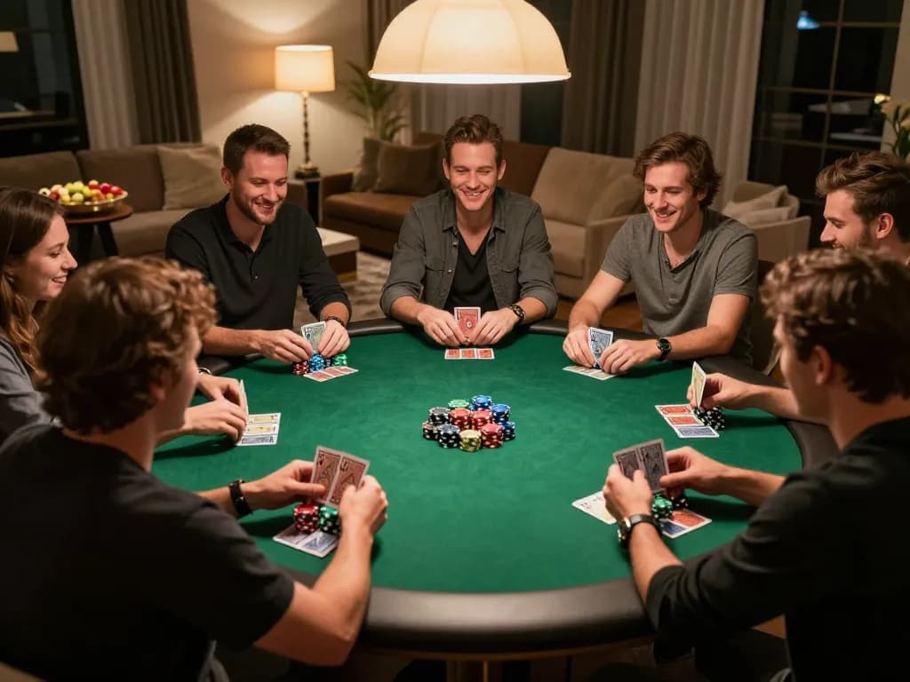 Engaging home poker game featuring friends enjoying strategic play, highlighting บ้านผลบอล7m and competitive atmosphere.
