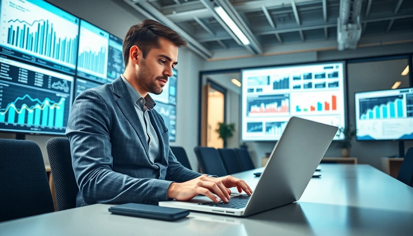 Online Marketing Strategien auf einem Laptop analysieren in modernem Büro.