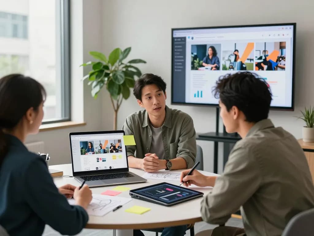 Fesselnde Webdesign-Beratungs-Session, die einen Webdesign Berater zeigt, der Kunden mit kreativen Ideen anleitet.