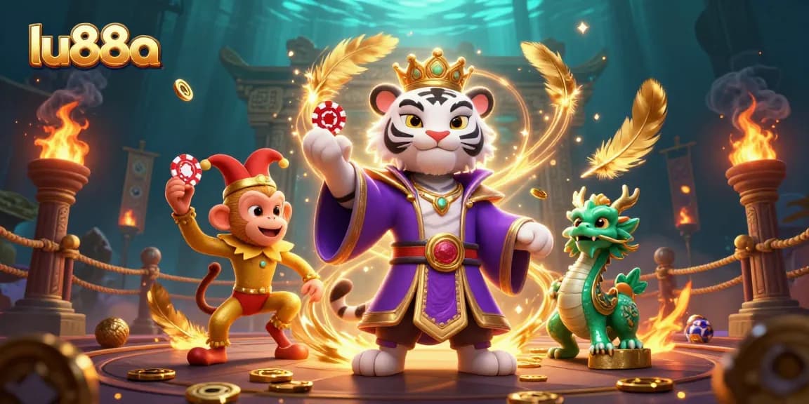 Experience gaming excitement with lu88a featuring a royal tiger and playful monkey in a vibrant casino scene.