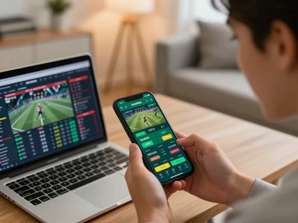 bet168 user placing a live bet on a smartphone in a cozy home setting.