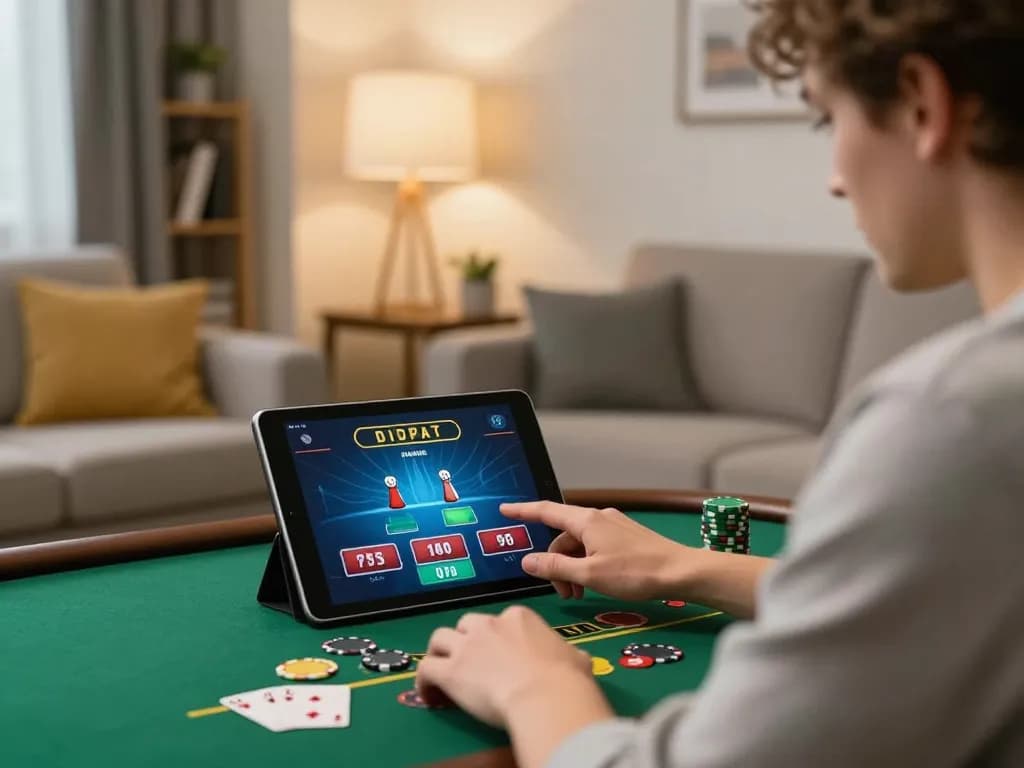 Player enjoying dn88 online blackjack game on tablet in cozy home environment.